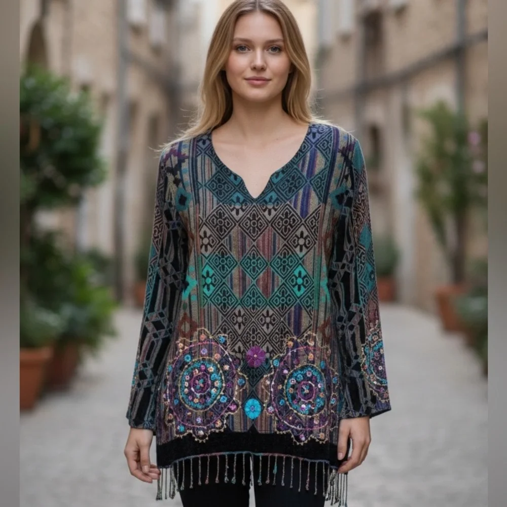 ANU BY NATURAL INDIA FRINGE EMBROIDERED LONG SLEEVED TUNIC TOP SZ L - Picture 7 of 7